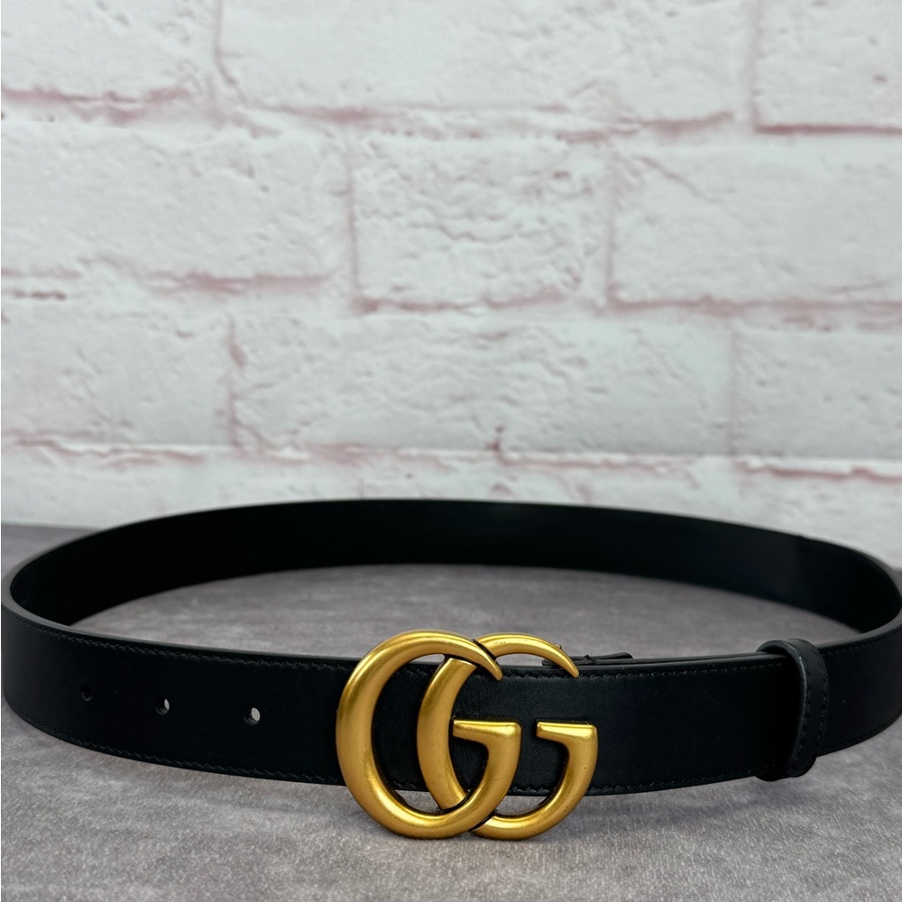 Authentic Gucci Slim Leather Marmont Gg Double Mens Belt Black 90/36” 414516